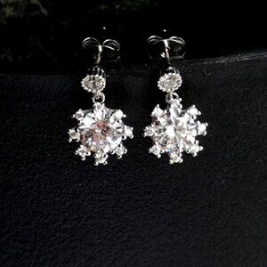 CZ Flower Dangle Stud Earrings Sterling Silver NEW